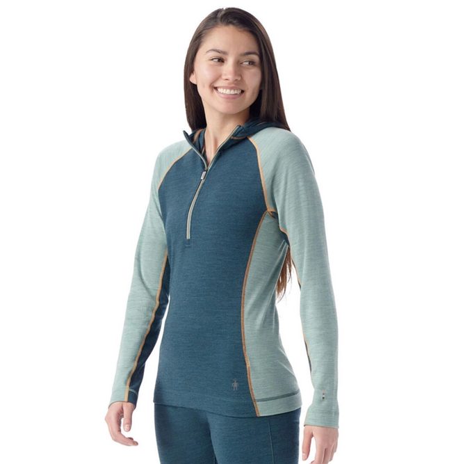 Womens Classic Thermal Merino Baselayer 1/2 Zip Hoodie Twilight Blue / Arctic Green